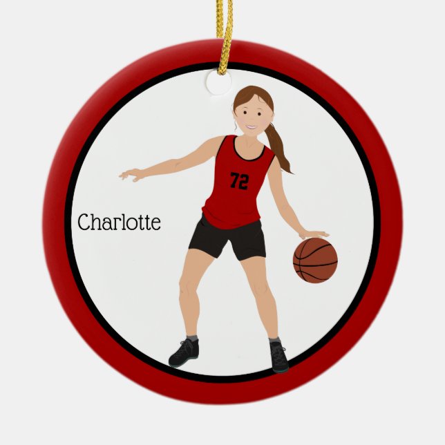 Brunette Girl Basketball Player in Red and Black Julgransprydnad Keramik (Framsidan)