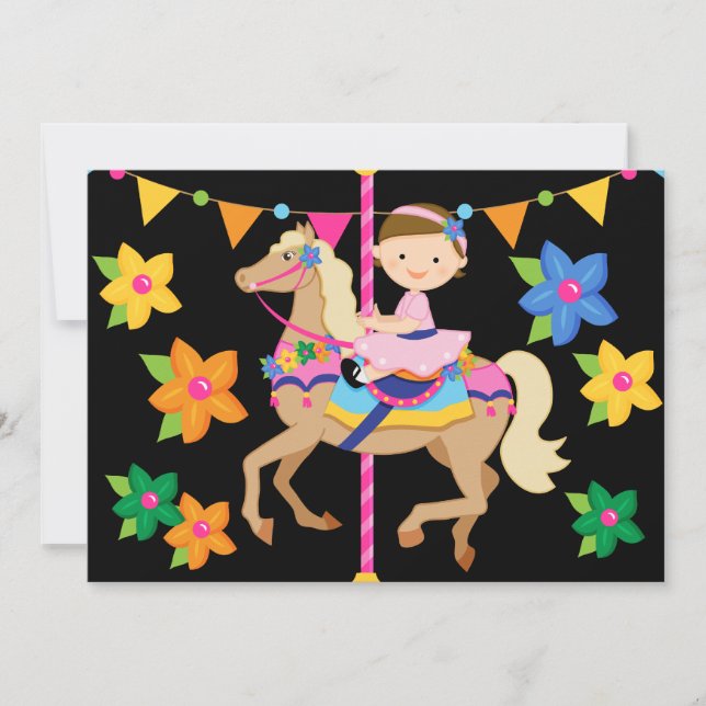Brunette Girl Carousel Birthday 5x7 Inbjudan (Framsida)