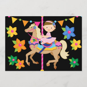 Brunette Girl Carousel Birthday 5x7 Inbjudan