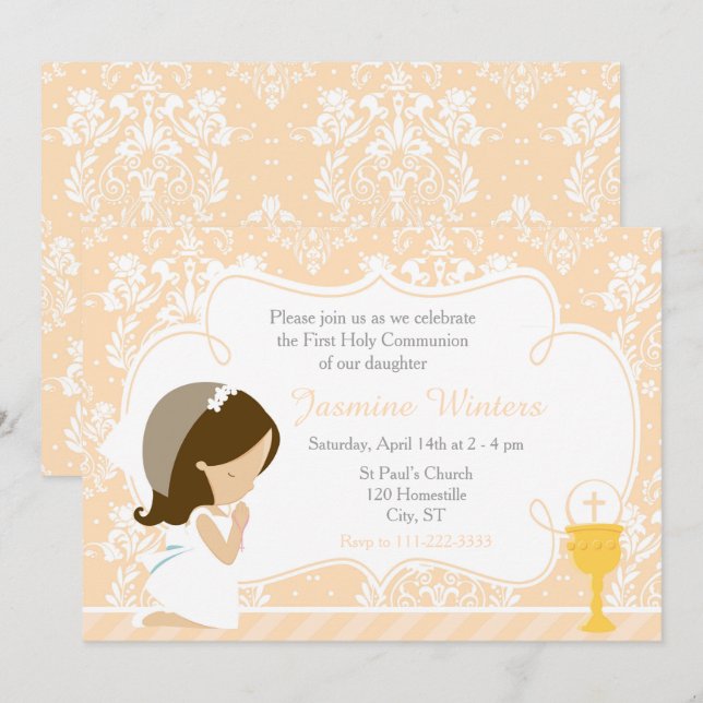 Brunette Girl First Communion Damask-inbjudan Inbjudningar (Fram/baksida)