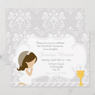 Brunette Girl First Communion Damask Inbjudningar