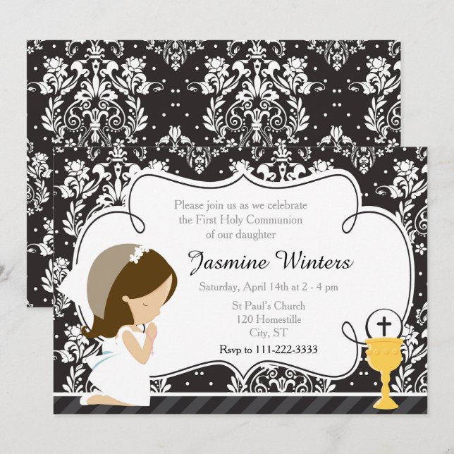 Brunette Girl First Communion Damask Inbjudningar (Fram/baksida)