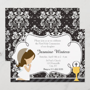 Brunette Girl First Communion Damask Inbjudningar
