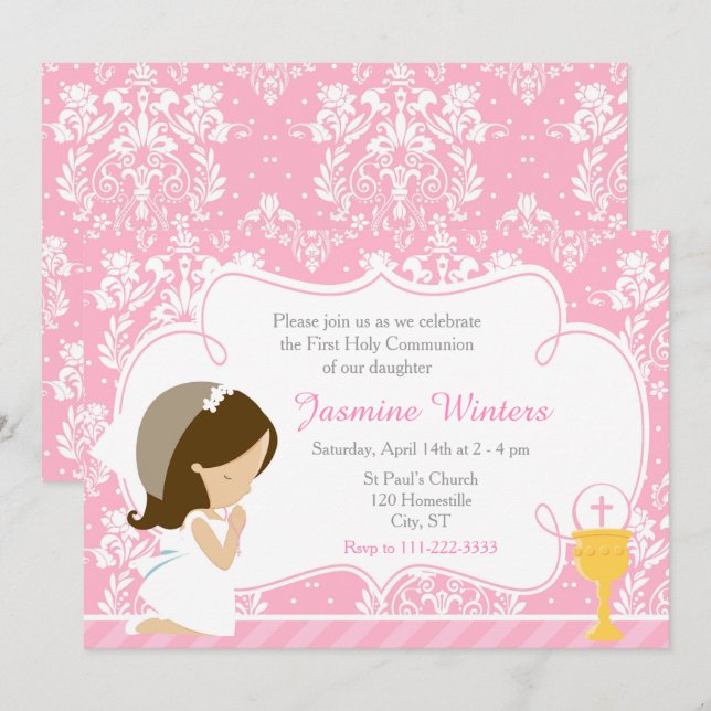 Brunette Girl First Communion Damask Inbjudningar (Fram/baksida)