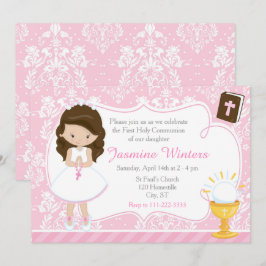 Brunette Girl First Communion Damask Inbjudningar