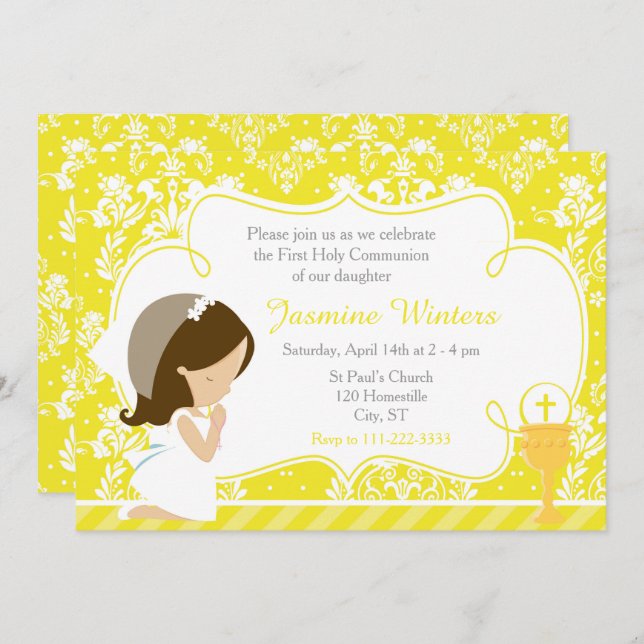 Brunette Girl First Communion Damask Inbjudningar (Fram/baksida)