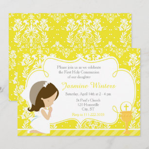 Brunette Girl First Communion Damask Inbjudningar