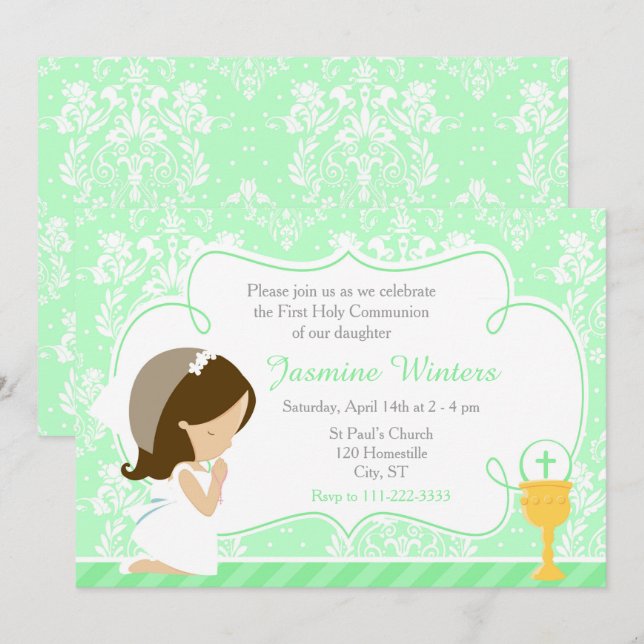 Brunette Girl First Communion Damask Inbjudningar (Fram/baksida)