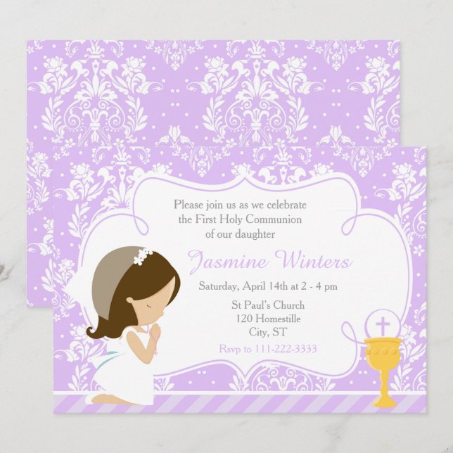 Brunette Girl First Communion Damask Inbjudningar (Fram/baksida)
