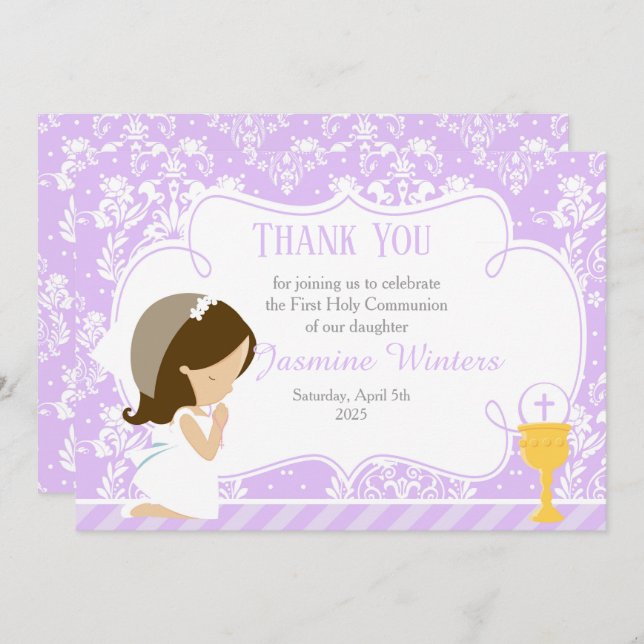 Brunette Girl First Communion Damask Tack Kort (Fram/baksida)