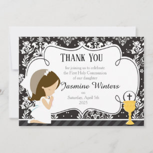 Brunette Girl First Communion Damask Tack Kort