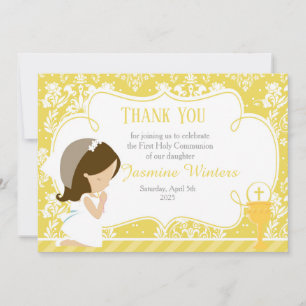Brunette Girl First Communion Damask Tack Kort