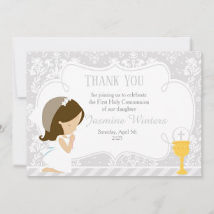 Brunette Girl First Communion Damask Tack Kort