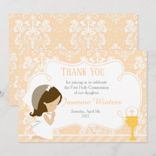 Brunette Girl First Communion Damask Tack Kort