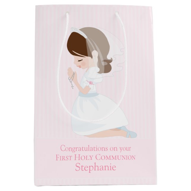 Brunette Girl First Communion Gift Bag (Framsidan)