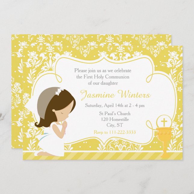 Brunette Girl First Communion Guld Damask Inbjudningar (Fram/baksida)