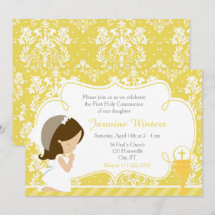 Brunette Girl First Communion Guld Damask Inbjudningar