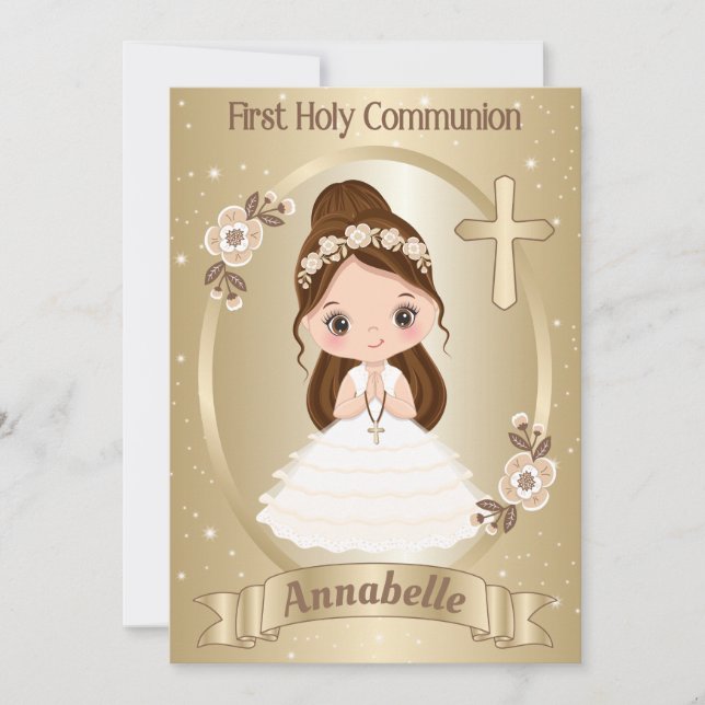 Brunette Girl First Heliga Communion-inbjudan Inbjudningar (Framsida)