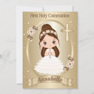 Brunette Girl First Heliga Communion-inbjudan Inbjudningar