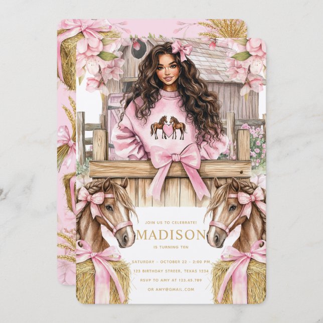 Brunette Girl Horse Birthday Invitation Inbjudningar (Fram/baksida)