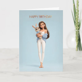 Brunette Girl in Blue Cardigan w/ White Bunny BDay Kort