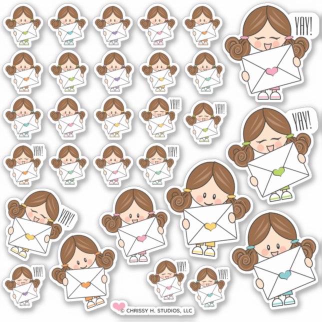 Brunette Girl Lycklig Mail Stickers Klistermärken (Framsida)