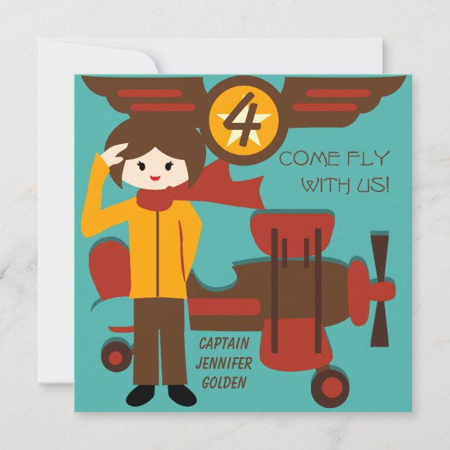 Brunette Girl Pilot Birthday Investigations Inbjudningar (Framsida)