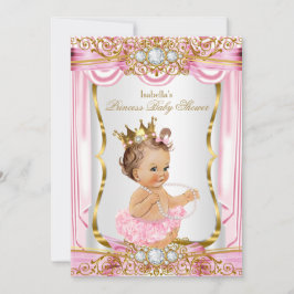Brunette Girl Princess Baby Shower Rosa Silke Guld Inbjudningar