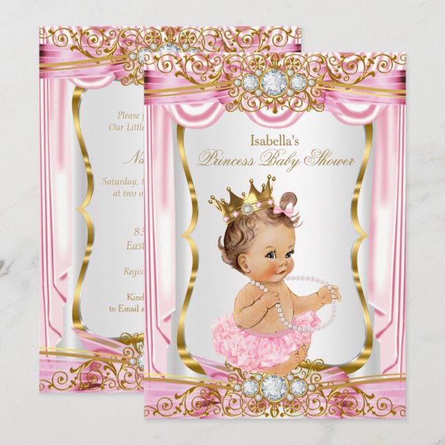 Brunette Girl Princess Baby Shower Rosa Silke Guld Inbjudningar (Fram/baksida)