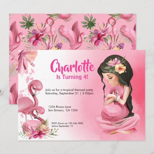 Brunette Girl Tropical Rosa Flamingo Birthday Inbjudningar (Fram/baksida)