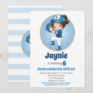 Brunette Girls Blue Softball Birthday-inbjudan Inbjudningar