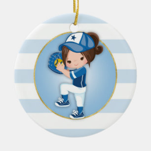 Brunette Girls Blue Softball Julgransprydnad Keramik
