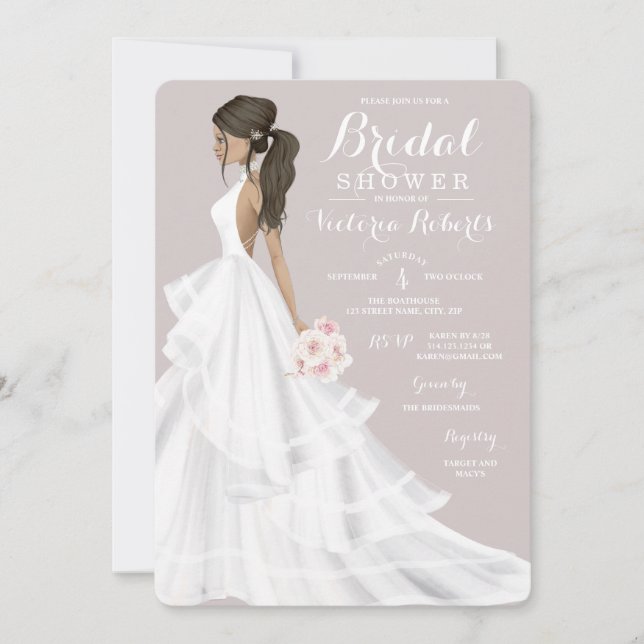 Brunette Glam Bride Bröllop Gown Möhippa Inbjudningar (Framsida)