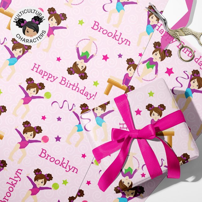 Brunette Gymnastics Birthday Wrapping Papper Presentpapper (Skapare uppladdad)