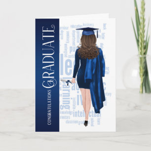 Brunette Hair Blue Cap och Gown Female Student Kort
