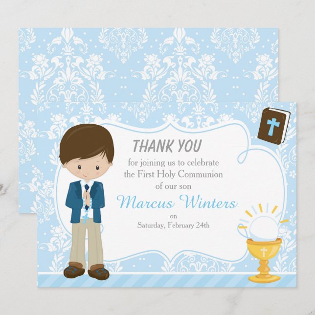 Brunette Hair Boy First Communion Damask Tack Kort (Fram/baksida)