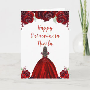 Brunette Hair Princess Red Blommigt Quinceanera Kort