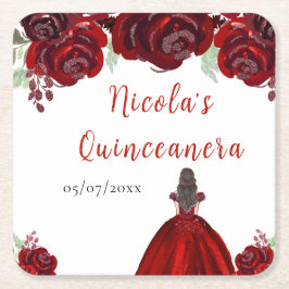 Brunette Hair Princess Red Floral Quinceanera Underlägg Papper Kvadrat