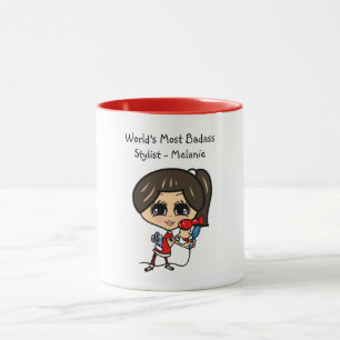 Brunette Hair Stylist Caricature MUGG Personlig