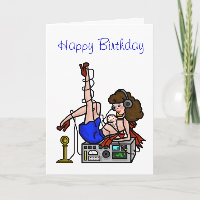 Brunette Ham Radio Pin-up Girl Birthday Card Kort (Framsida)
