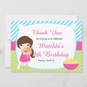 Brunette Hved Girl Sleepover Slumber Birthday Tack Kort