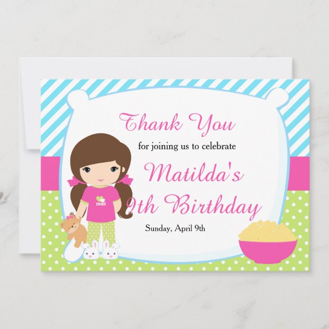 Brunette Hved Girl Sleepover Slumber Birthday Tack Kort (Framsida)