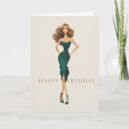 Brunette in Elegant Dark Teal Dress Fashion BDay Kort