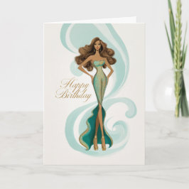 Brunette in Elegant Teal Gold Glam Fashion BDay Kort