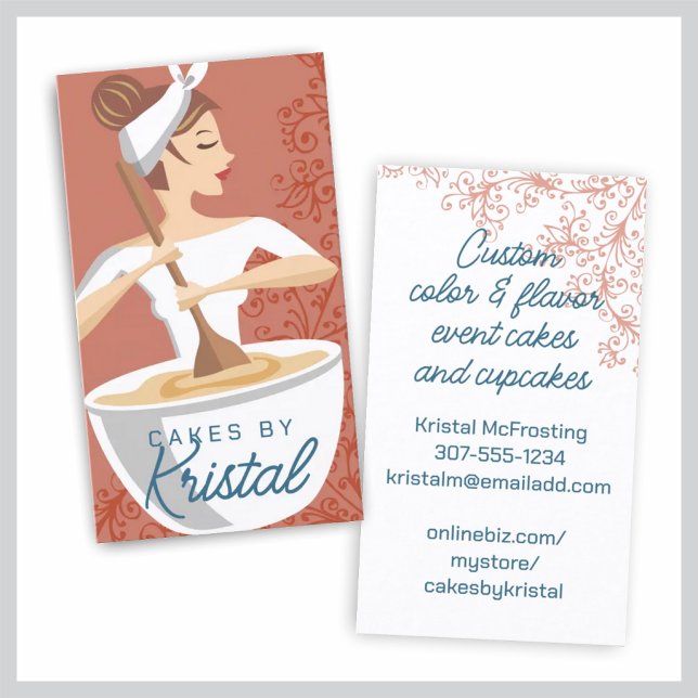 Brunette kvinna som blandar bakverk bakbakverk visitkort (Skapare uppladdad)
