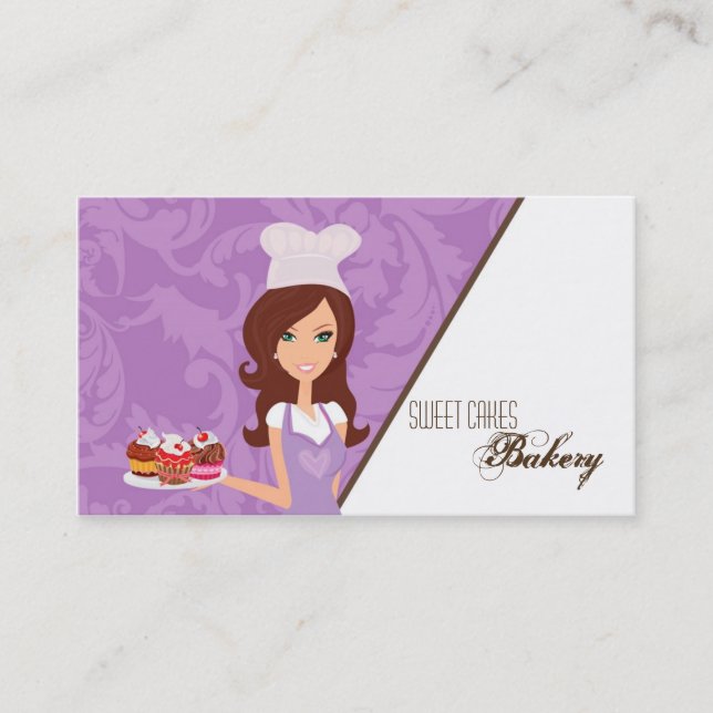 Brunette Lila Brow Baker Kopp Cakes Affärskort Visitkort (Framsida)