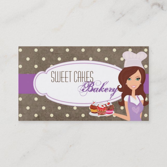 Brunette Lila Brow Baker Kopp Cakes Affärskort Visitkort (Framsida)