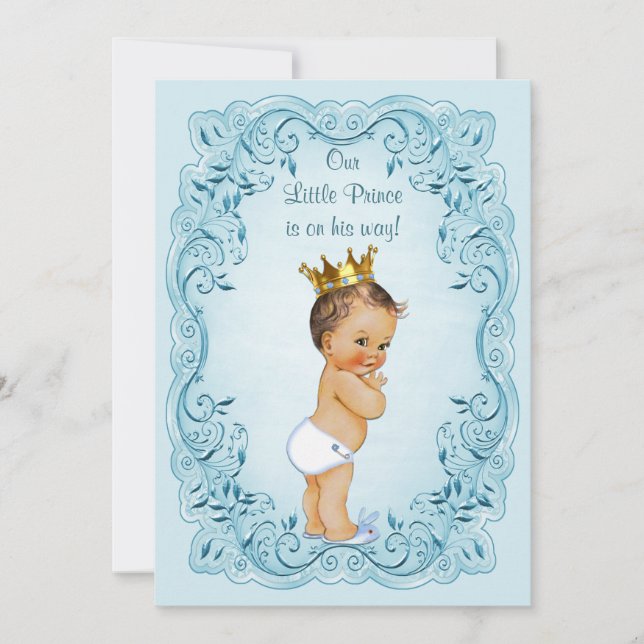 Brunette Little Prince Blue Lövs Baby Shower Inbjudningar (Framsida)