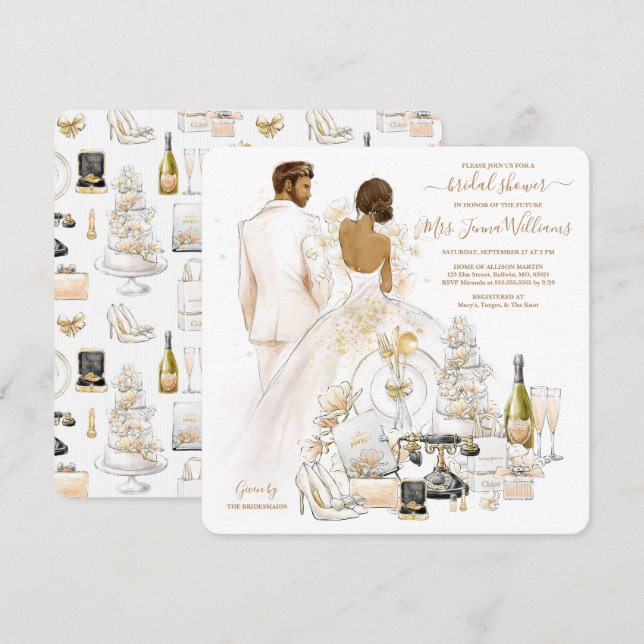 Brunette Mörk Skin Bride Möhippa Inbjudningar (Fram/baksida)