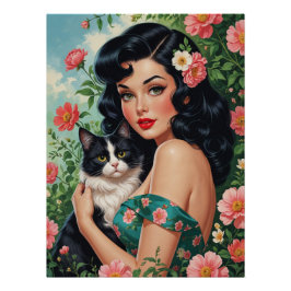 Brunette Pin-Up-anläggning Cute Cat Perfect Poster
